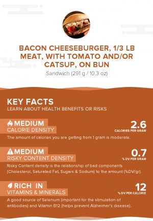 Bacon cheeseburger, 1/3 lb meat, with tomato and/or catsup, on bun