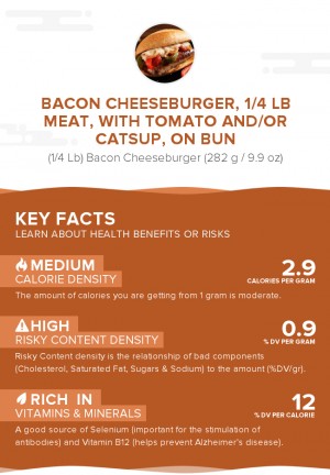 Bacon cheeseburger, 1/4 lb meat, with tomato and/or catsup, on bun