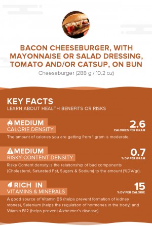 Bacon cheeseburger, with mayonnaise or salad dressing, tomato and/or catsup, on bun