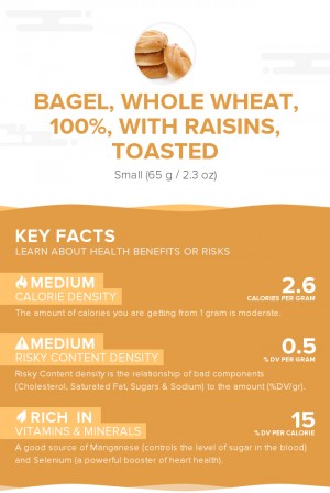 Bagel, whole wheat, 100%, with raisins, toasted