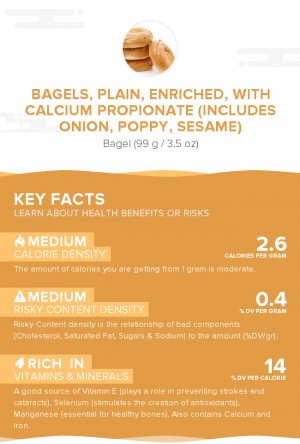 Bagels, plain, enriched, with calcium propionate (includes onion, poppy, sesame)