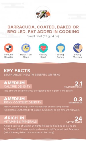 Barracuda, coated, baked or broiled, fat added in cooking