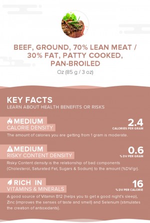 Beef, ground, 70% lean meat / 30% fat, patty cooked, pan-broiled