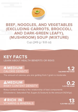 Beef, noodles, and vegetables (excluding carrots, broccoli, and dark-green leafy), (mushroom) soup (mixture)