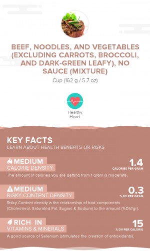 Beef, noodles, and vegetables (excluding carrots, broccoli, and dark-green leafy), no sauce (mixture)