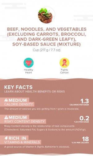 Beef, noodles, and vegetables (excluding carrots, broccoli, and dark-green leafy), soy-based sauce (mixture)