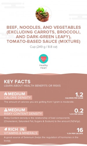 Beef, noodles, and vegetables (excluding carrots, broccoli, and dark-green leafy), tomato-based sauce (mixture)