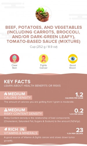 Beef, potatoes, and vegetables (including carrots, broccoli, and/or dark-green leafy), tomato-based sauce (mixture)