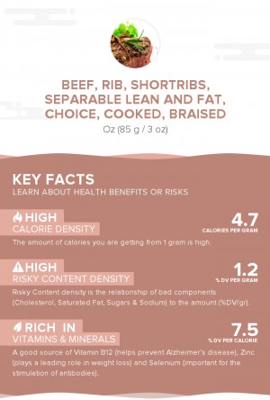 Beef, rib, shortribs, separable lean and fat, choice, cooked, braised