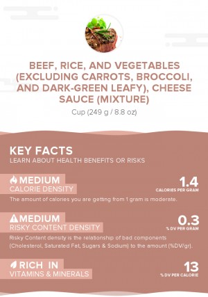 Beef, rice, and vegetables (excluding carrots, broccoli, and dark-green leafy), cheese sauce (mixture)