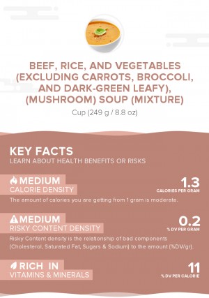 Beef, rice, and vegetables (excluding carrots, broccoli, and dark-green leafy), (mushroom) soup (mixture)