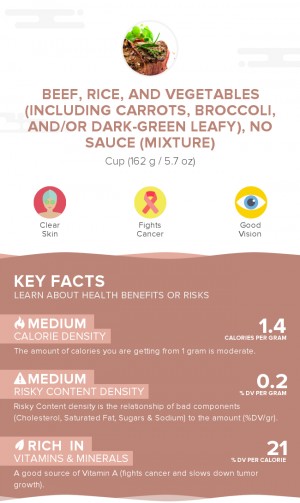 Beef, rice, and vegetables (including carrots, broccoli, and/or dark-green leafy), no sauce (mixture)