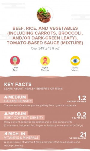 Beef, rice, and vegetables (including carrots, broccoli, and/or dark-green leafy), tomato-based sauce (mixture)