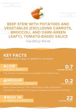 Beef stew with potatoes and vegetables (excluding carrots, broccoli, and dark-green leafy), tomato-based sauce