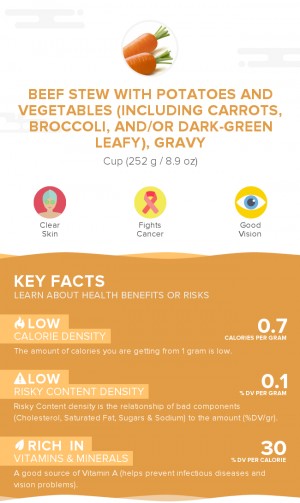 Beef stew with potatoes and vegetables (including carrots, broccoli, and/or dark-green leafy), gravy