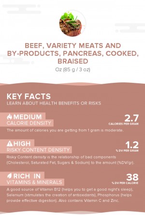 Beef, variety meats and by-products, pancreas, cooked, braised