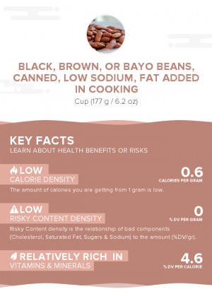 Black, brown, or Bayo beans, canned, low sodium, fat added in cooking