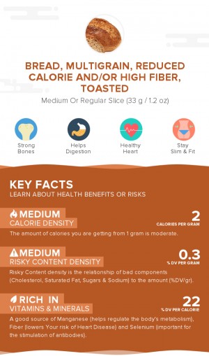 Bread, multigrain, reduced calorie and/or high fiber, toasted