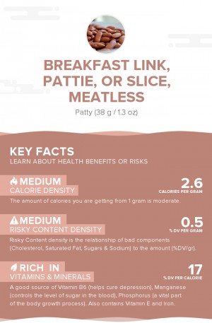 Breakfast link, pattie, or slice, meatless
