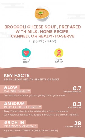 Broccoli cheese soup, prepared with milk, home recipe, canned, or ready-to-serve