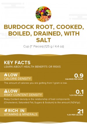 Burdock root, cooked, boiled, drained, with salt