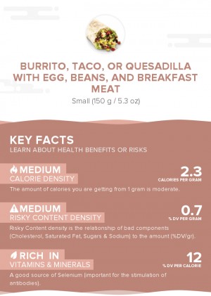 Burrito, taco, or quesadilla with egg, beans, and breakfast meat