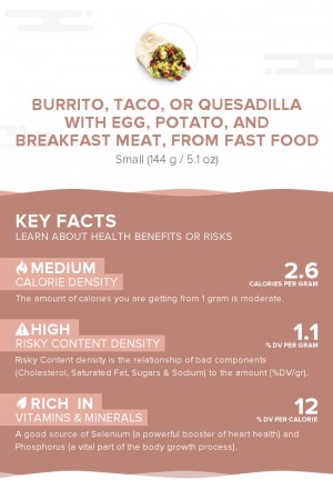 Burrito, taco, or quesadilla with egg, potato, and breakfast meat, from fast food