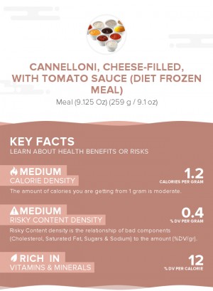 Cannelloni, cheese-filled, with tomato sauce (diet frozen meal)