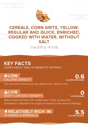 Cereals, corn grits, yellow, regular and quick, enriched, cooked with water, without salt