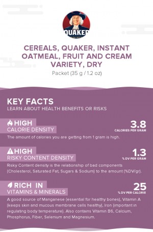 Cereals, QUAKER, Instant Oatmeal, fruit and cream variety, dry