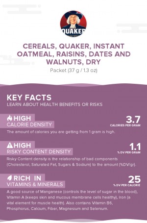 Cereals, QUAKER, Instant Oatmeal, raisins, dates and walnuts, dry