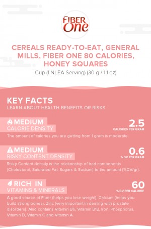 Cereals ready-to-eat, GENERAL MILLS, FIBER ONE 80 Calories, Honey Squares