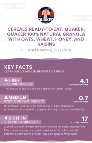 Cereals ready-to-eat, QUAKER, QUAKER 100% Natural Granola with Oats, Wheat, Honey, and Raisins