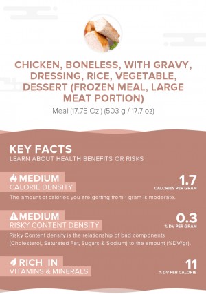 Chicken, boneless, with gravy, dressing, rice, vegetable, dessert (frozen meal, large meat portion)