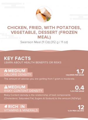 Chicken, fried, with potatoes, vegetable, dessert (frozen meal)