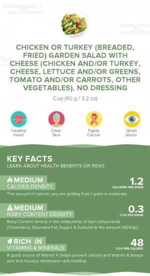 Chicken or turkey (breaded, fried) garden salad with cheese (chicken and/or turkey, cheese, lettuce and/or greens, tomato and/or carrots, other vegetables), no dressing