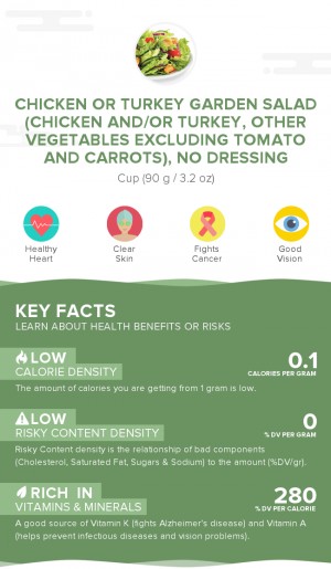 Chicken or turkey garden salad (chicken and/or turkey, other vegetables excluding tomato and carrots), no dressing