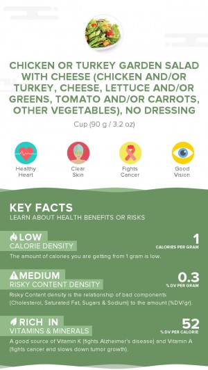 Chicken or turkey garden salad with cheese (chicken and/or turkey, cheese, lettuce and/or greens, tomato and/or carrots, other vegetables), no dressing