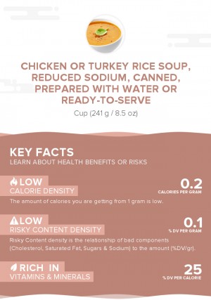 Chicken or turkey rice soup, reduced sodium, canned, prepared with water or ready-to-serve