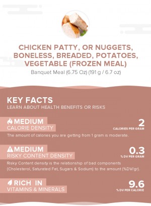 Chicken patty, or nuggets, boneless, breaded, potatoes, vegetable (frozen meal)