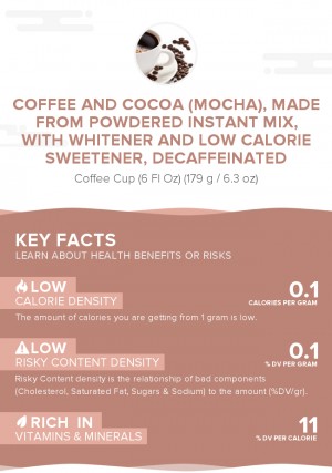 Coffee and cocoa (mocha), made from powdered instant mix, with whitener and low calorie sweetener, decaffeinated