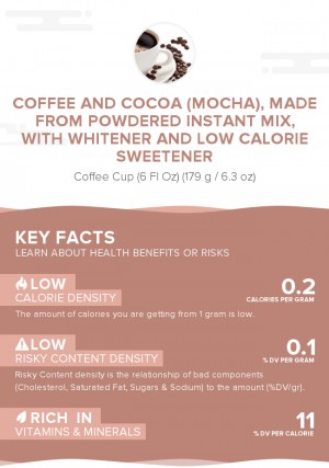 Coffee and cocoa (mocha), made from powdered instant mix, with whitener and low calorie sweetener