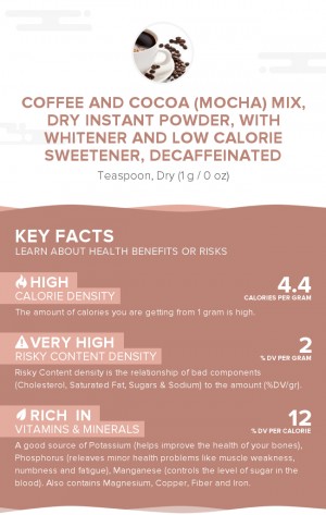 Coffee and cocoa (mocha) mix, dry instant powder, with whitener and low calorie sweetener, decaffeinated