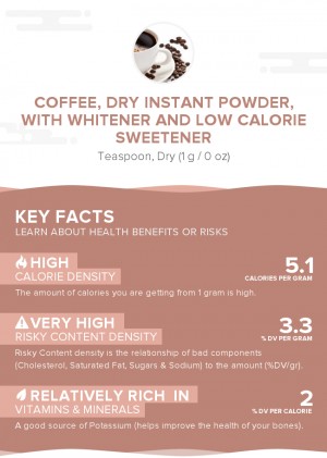 Coffee, dry instant powder, with whitener and low calorie sweetener