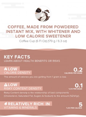 Coffee, made from powdered instant mix, with whitener and low calorie sweetener