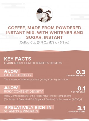 Coffee, made from powdered instant mix, with whitener and sugar, instant