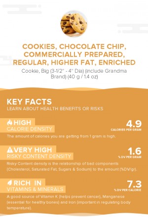 Cookies, chocolate chip, commercially prepared, regular, higher fat, enriched