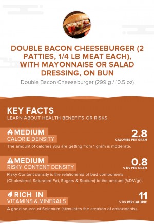 Double bacon cheeseburger (2 patties, 1/4 lb meat each), with mayonnaise or salad dressing, on bun