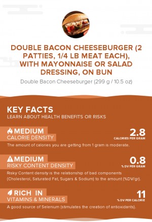 Double bacon cheeseburger (2 patties, 1/4 lb meat each), with mayonnaise or salad dressing, on bun