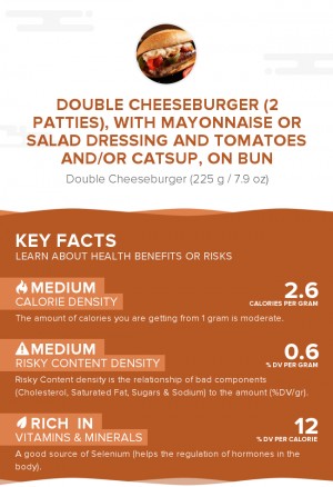 Double cheeseburger (2 patties), with mayonnaise or salad dressing and tomatoes and/or catsup, on bun